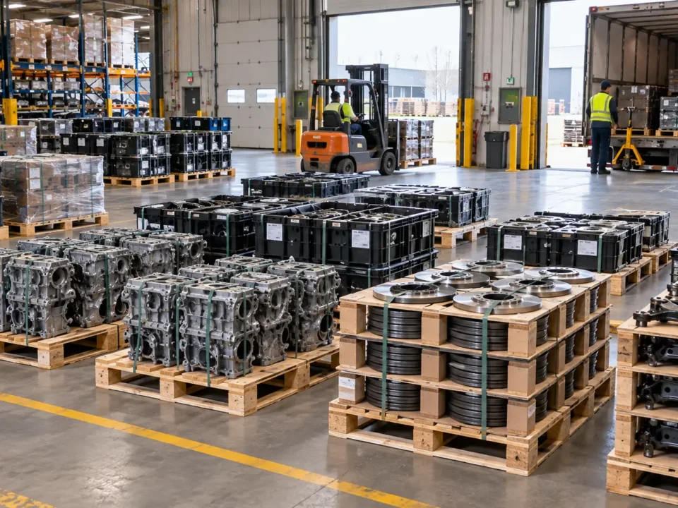 Wooden pallets loaded with automotive parts at a manufacturing receiving dock