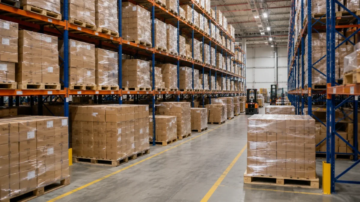 GMA standard wooden pallets stacked in an e-commerce fulfillment warehouse