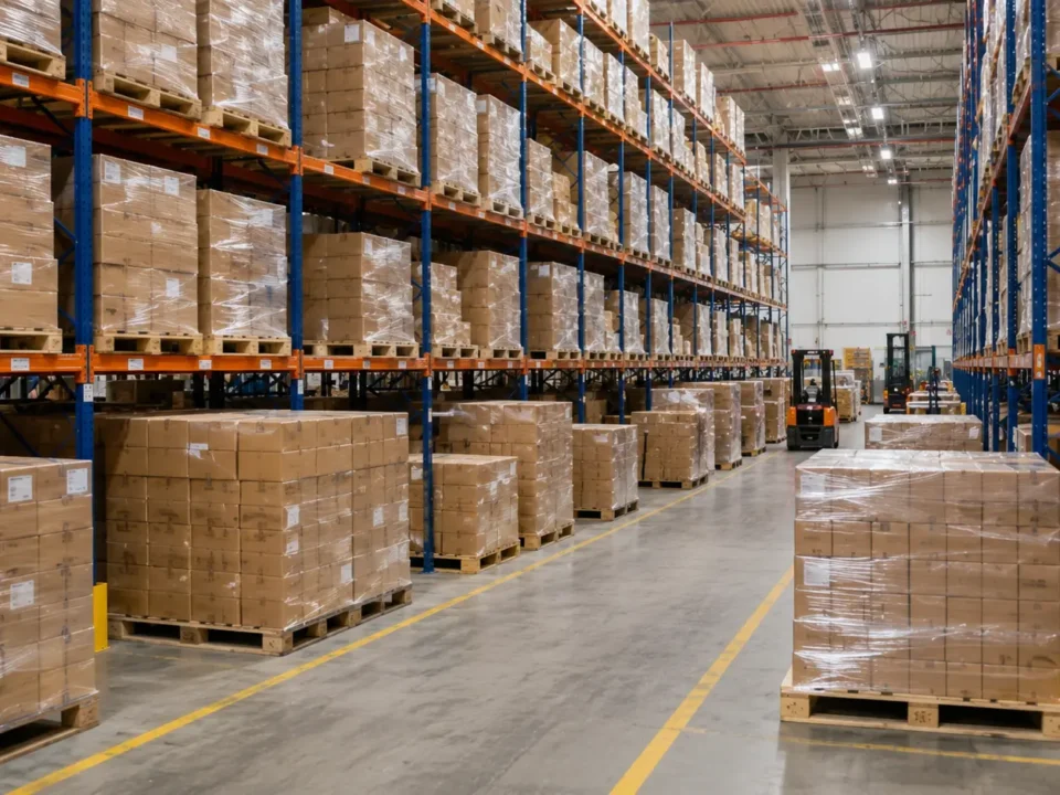 GMA standard wooden pallets stacked in an e-commerce fulfillment warehouse
