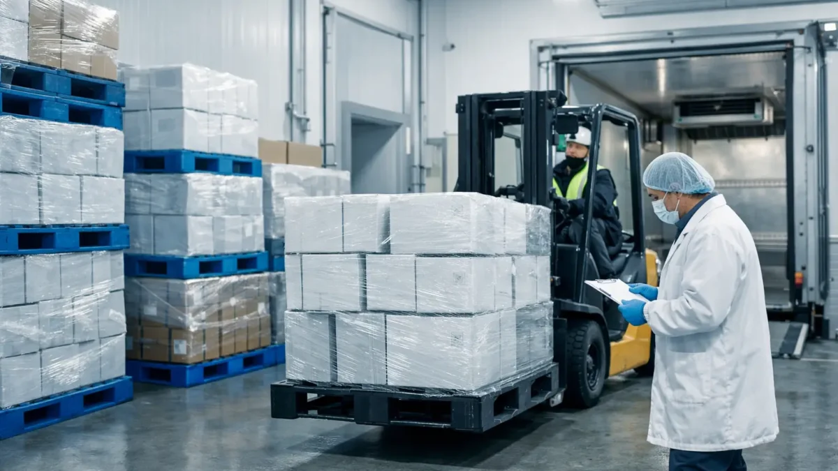 ALT: Pallets for pharmaceuticals and cold chain transport in a temperature-controlled warehouse with plastic pallets and forklift loading cargo