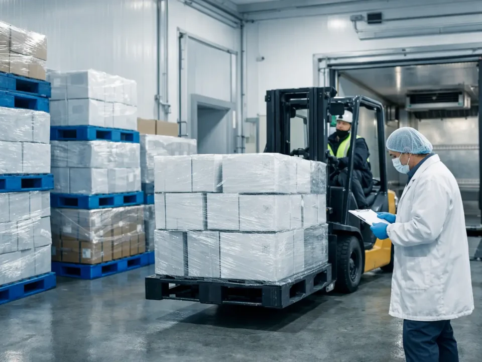 ALT: Pallets for pharmaceuticals and cold chain transport in a temperature-controlled warehouse with plastic pallets and forklift loading cargo