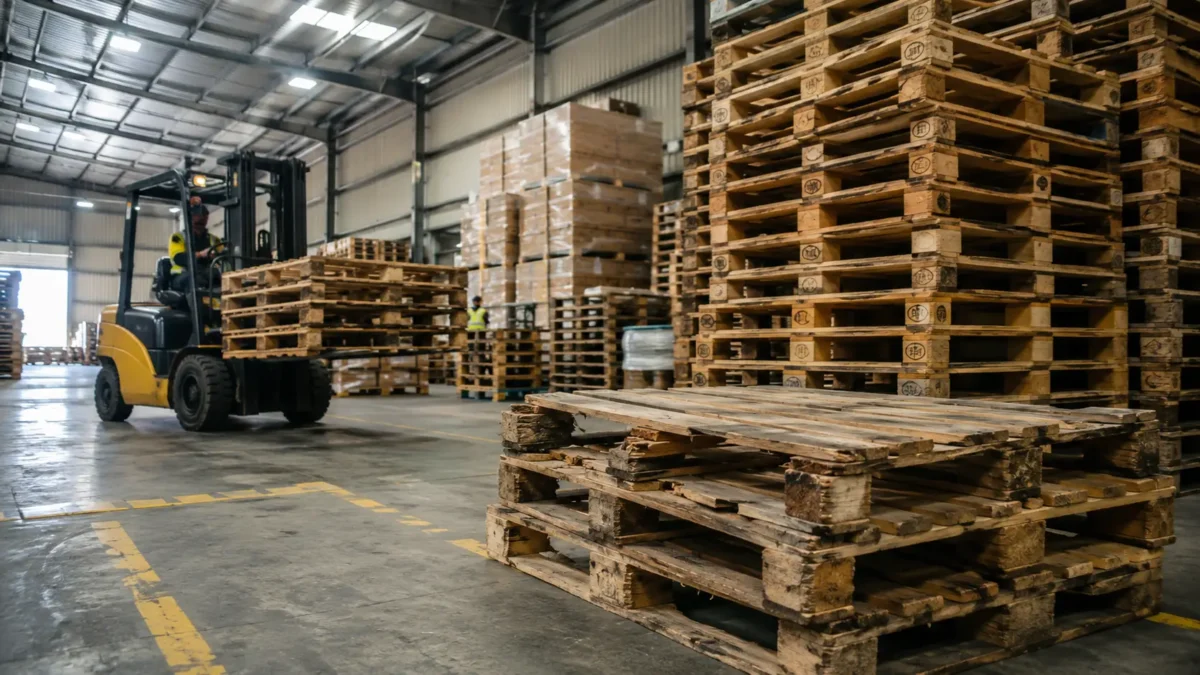 Repairing vs replacing wooden pallets in an industrial warehouse with forklift handling wooden pallets and damaged pallet stacks.