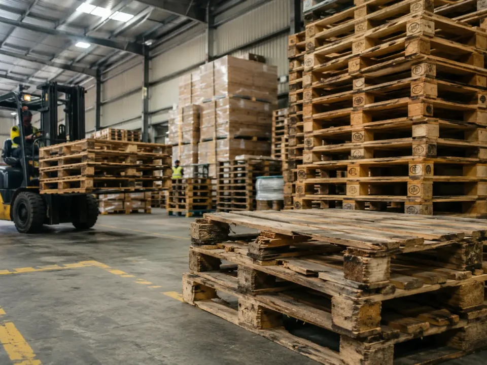 Repairing vs replacing wooden pallets in an industrial warehouse with forklift handling wooden pallets and damaged pallet stacks.