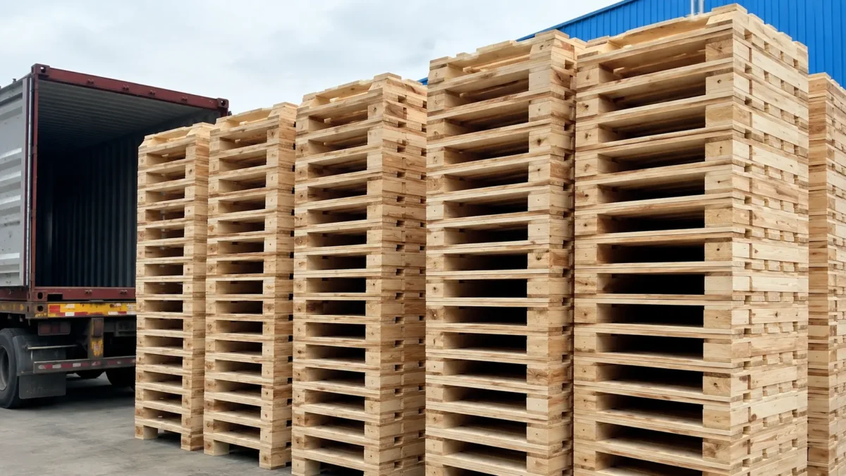 Stacked softwood pallets ready for export at a dispatch yard