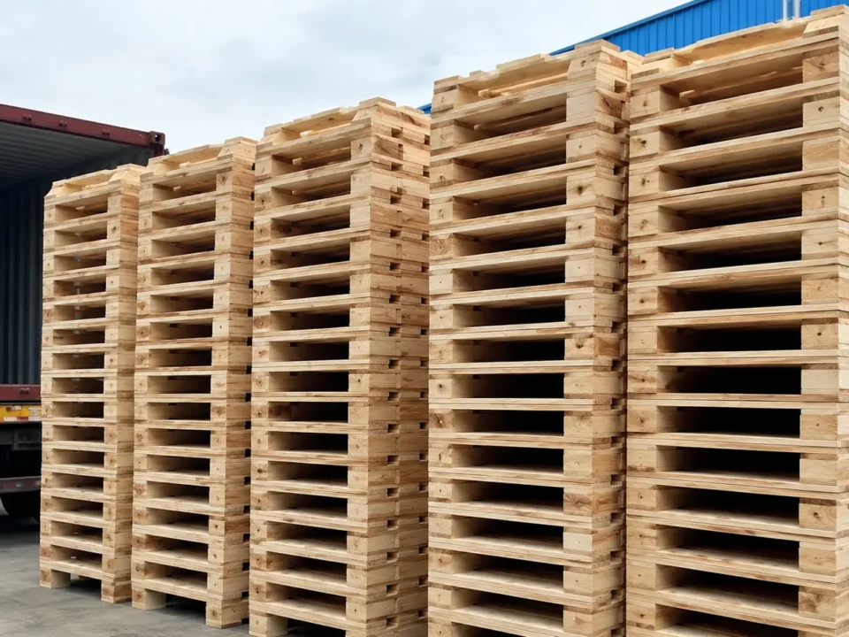 Stacked softwood pallets ready for export at a dispatch yard