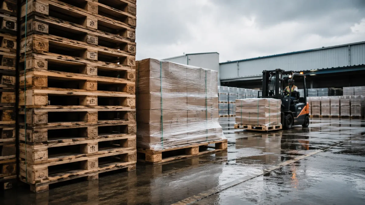 Weather-resistant pallets used for outdoor warehouse storage and logistics operations during wet weather conditions