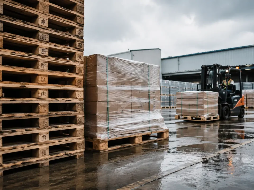 Weather-resistant pallets used for outdoor warehouse storage and logistics operations during wet weather conditions