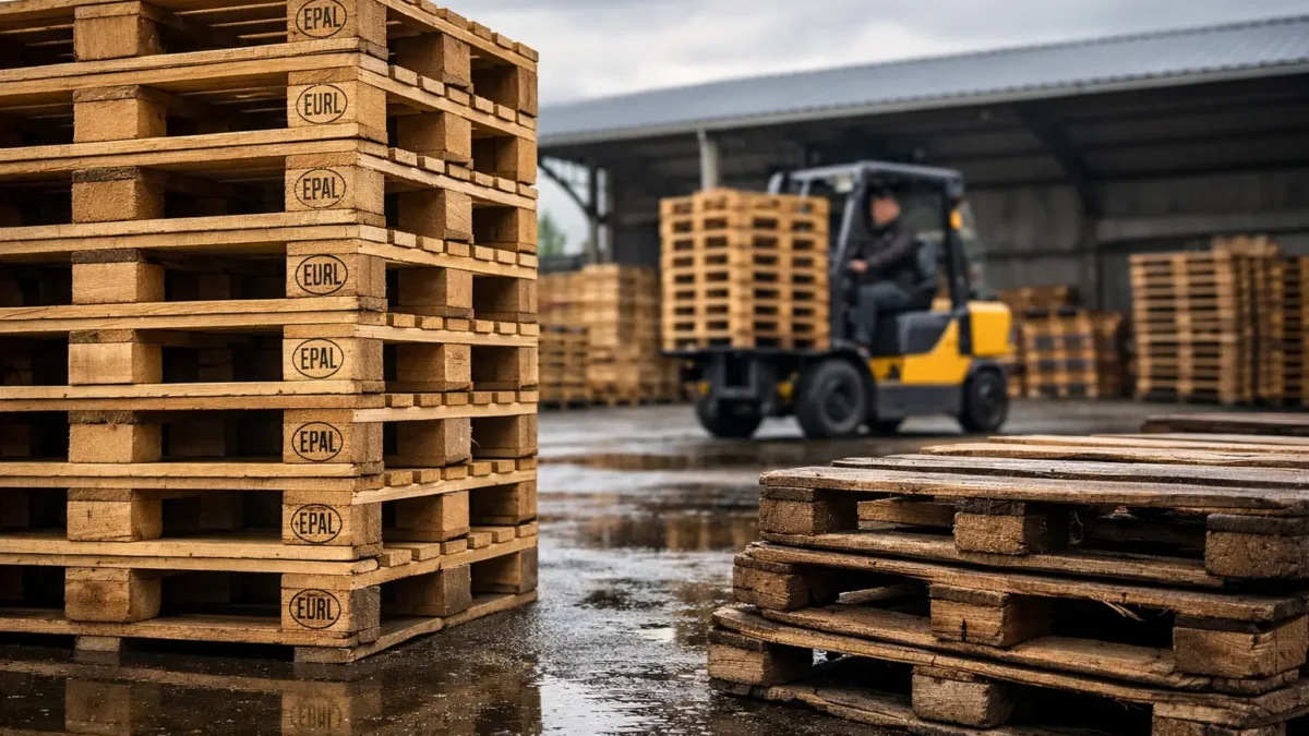 why hardwood pallets last longer in harsh environments shown with durable pallets in wet warehouse and forklift handling