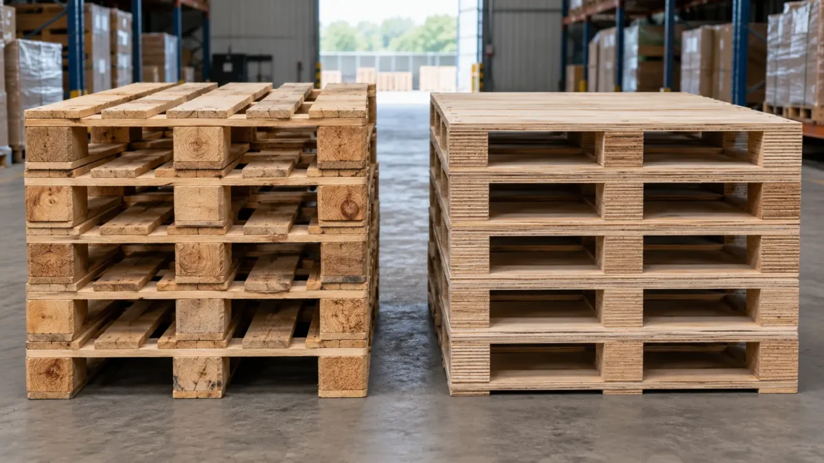 Solid wood pallets next to plywood pallets showing material comparison