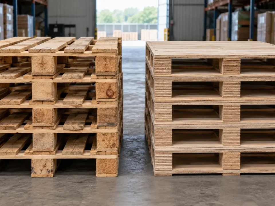 Solid wood pallets next to plywood pallets showing material comparison